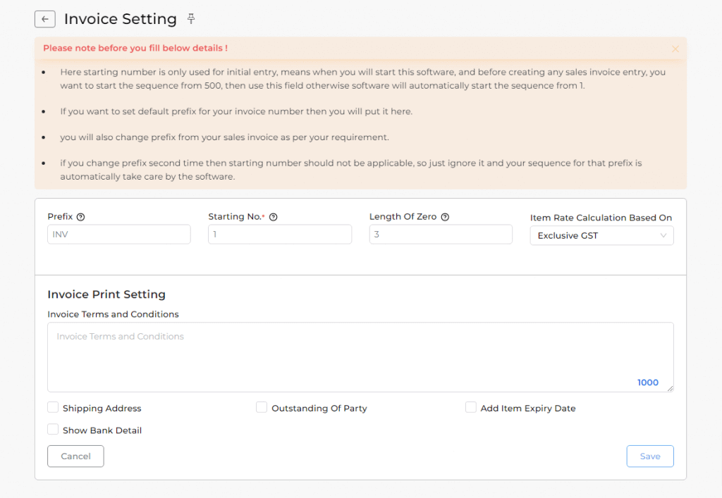 Invoice setting page
