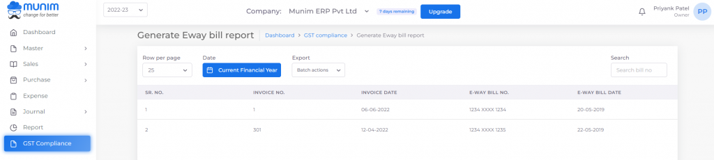 Generate Eway Bill Report