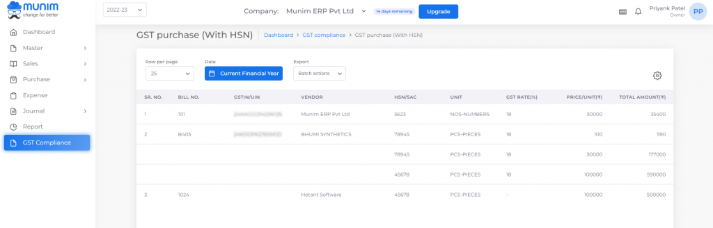 GST Purchase (With HSN)