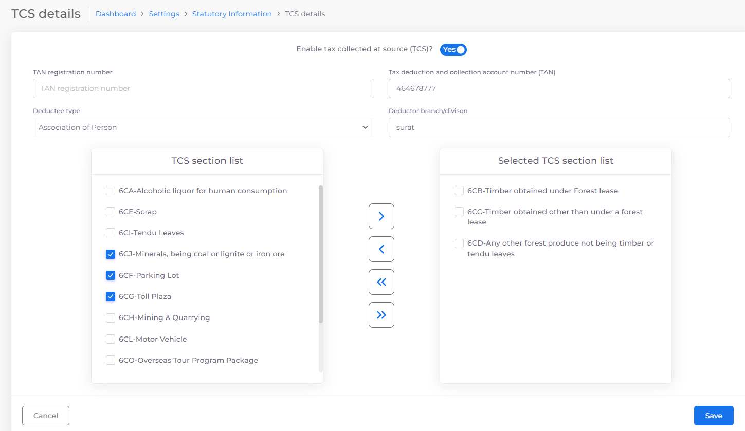 TCS details page