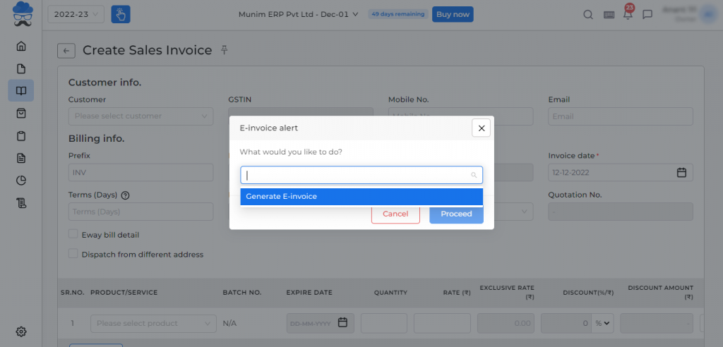 Generate e-invoice in munim