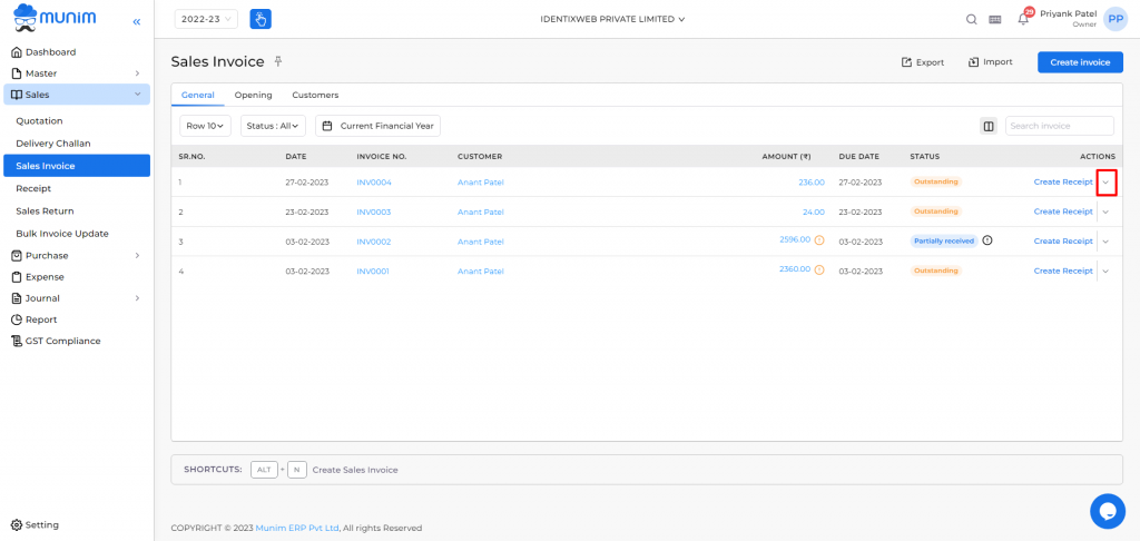 Invoice listing page