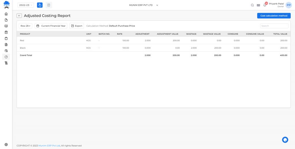 Adjustment costing report