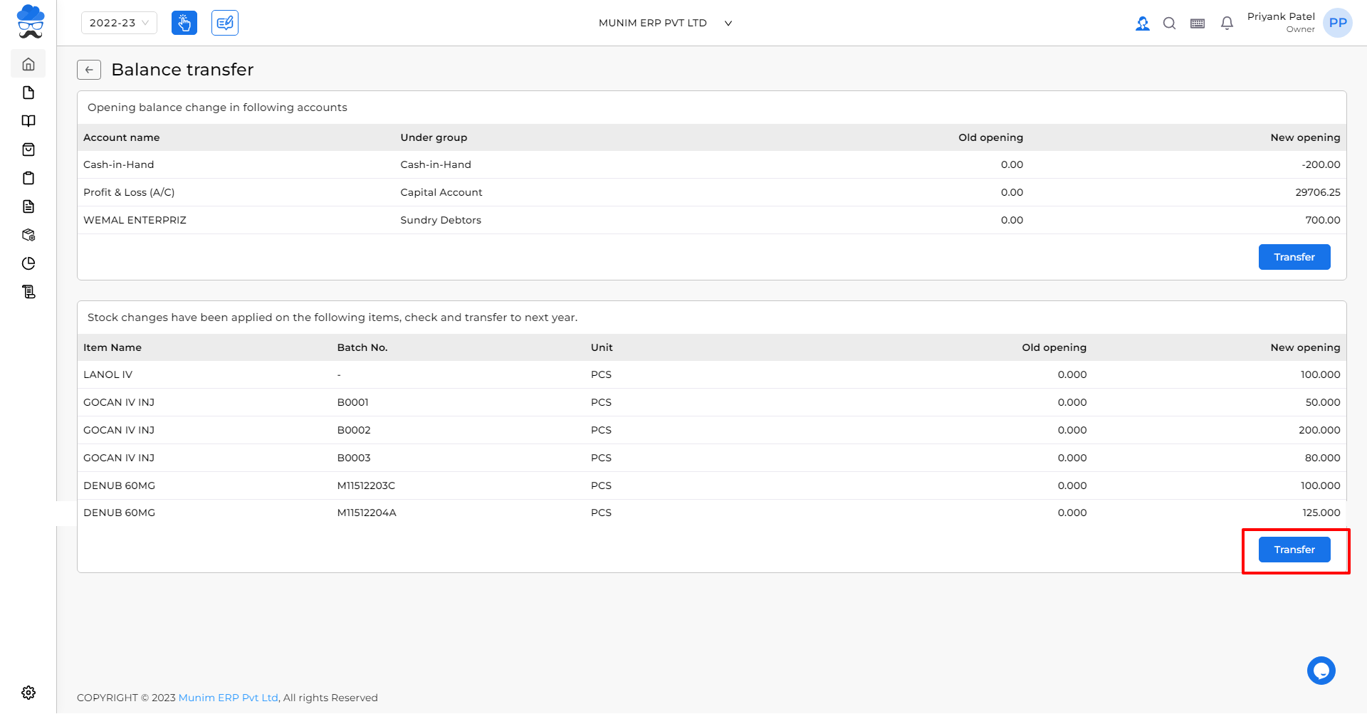 Balance and Stock Transfer page