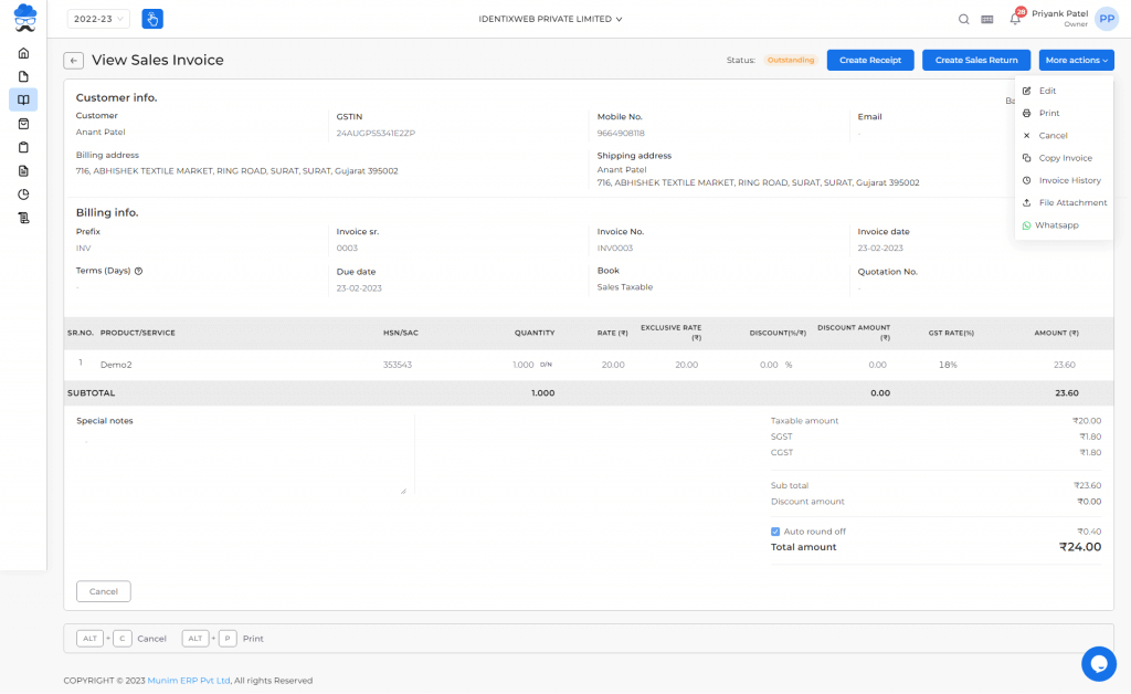 Sales invoice in view mode
