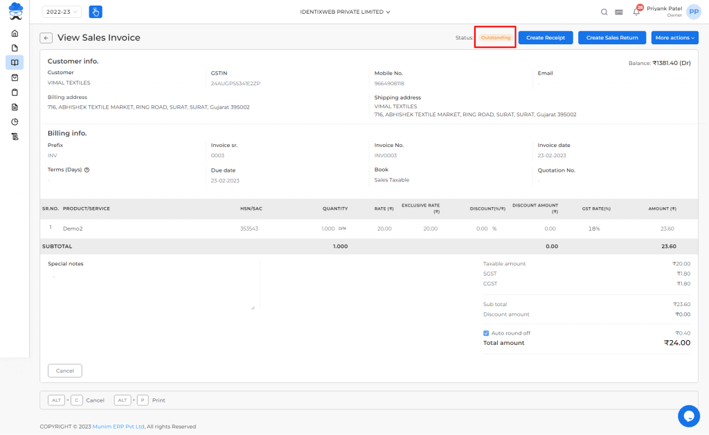 Transaction status in view mode