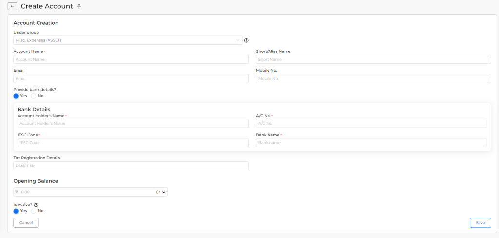 Misc. Expenses (Asset) ledger