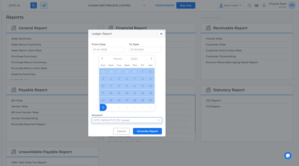 Ledger report pop up