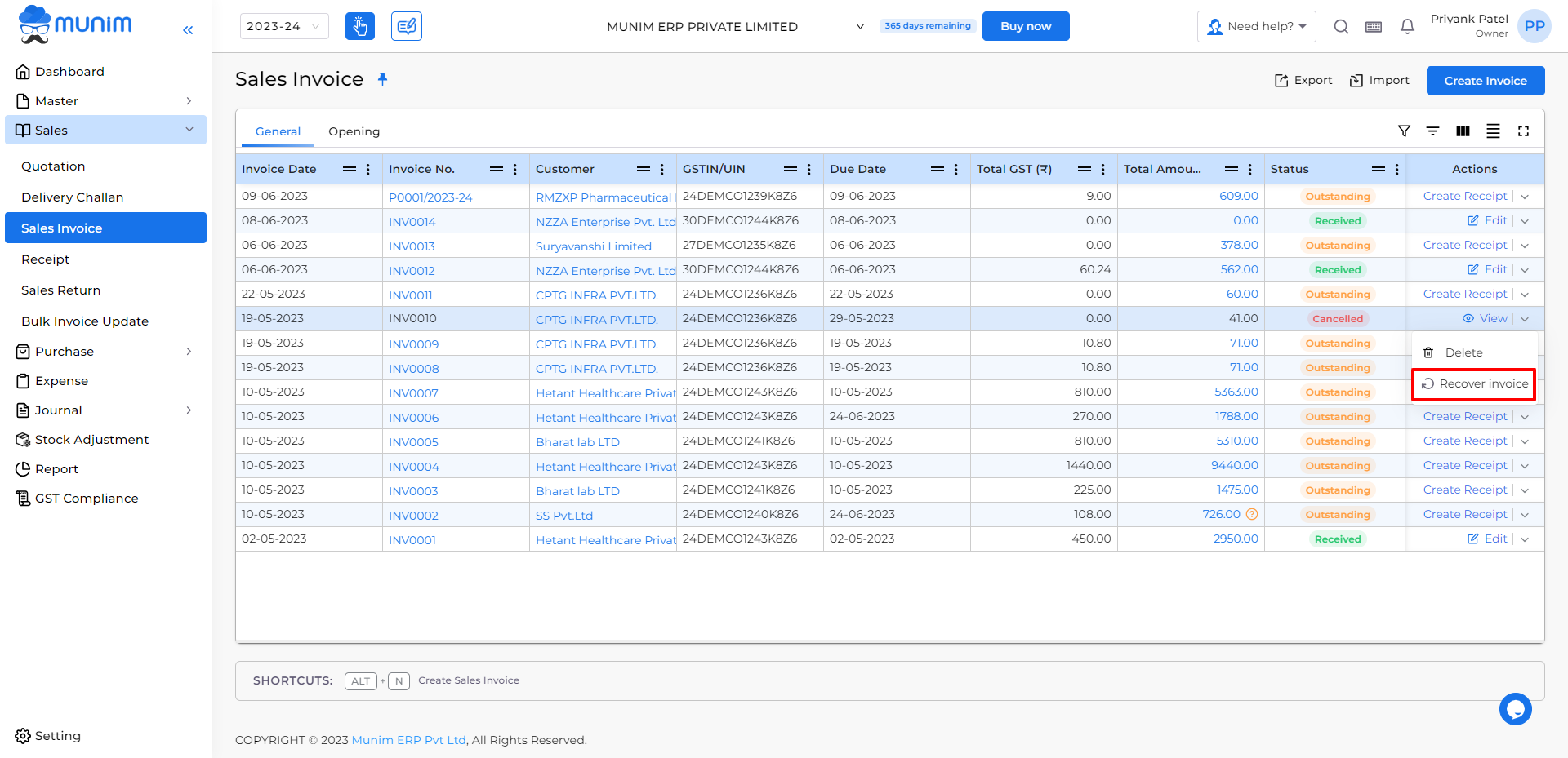 Recover the cancel invoice