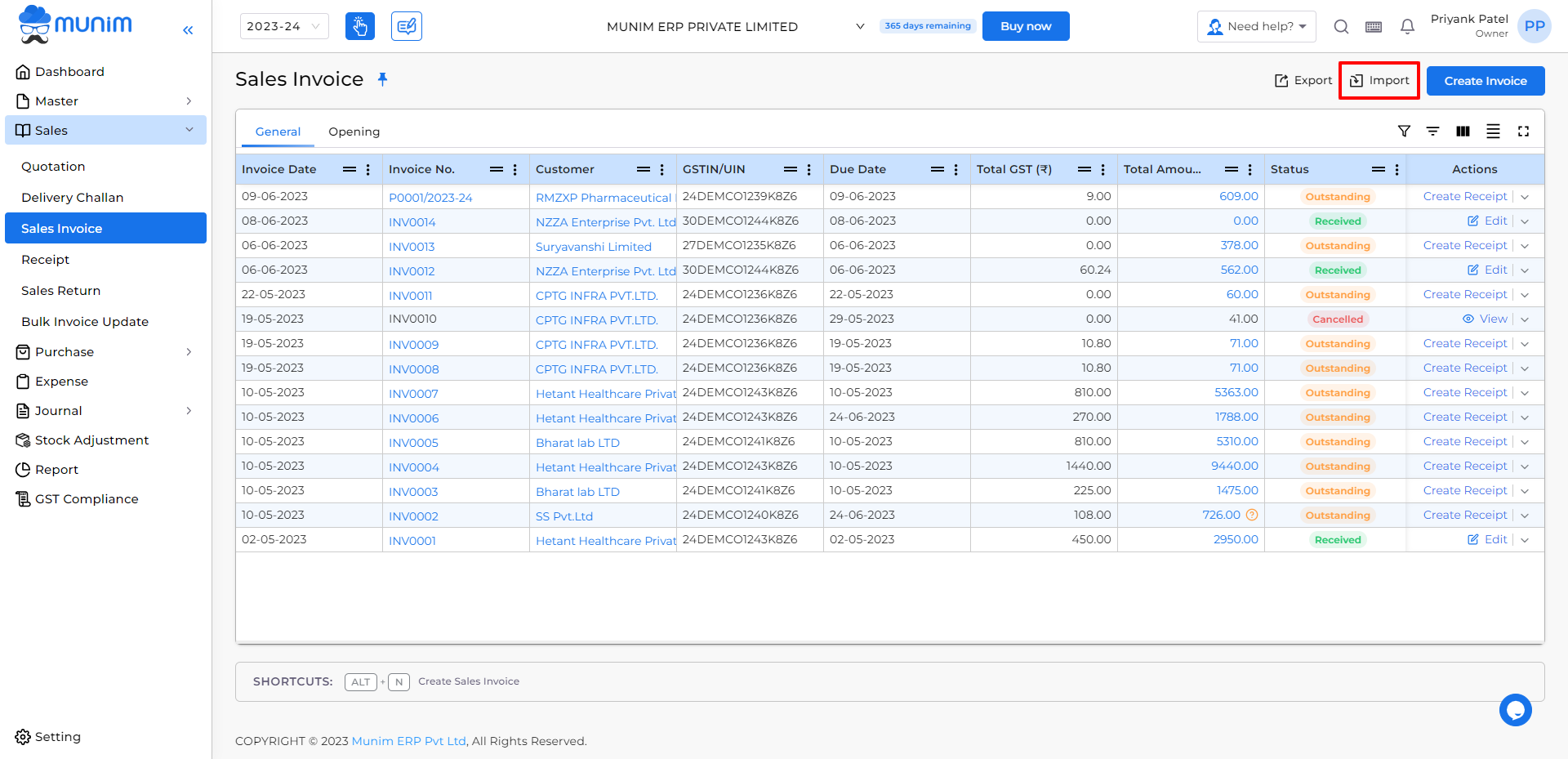 Sales Invoice Munim import