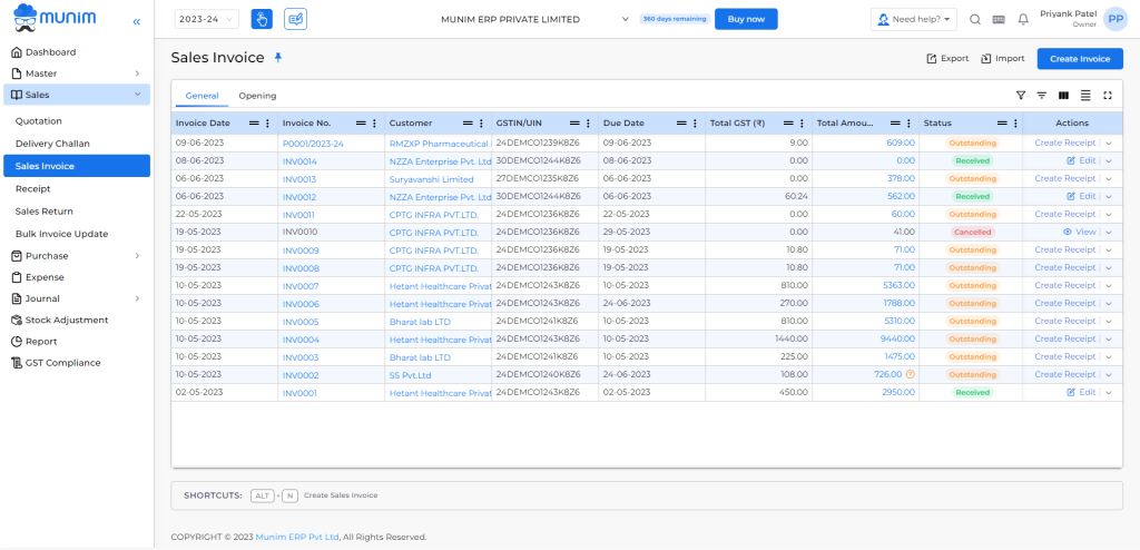 Sales invoice listing page