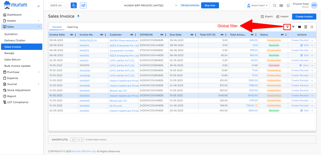 Sales invoice listing page
