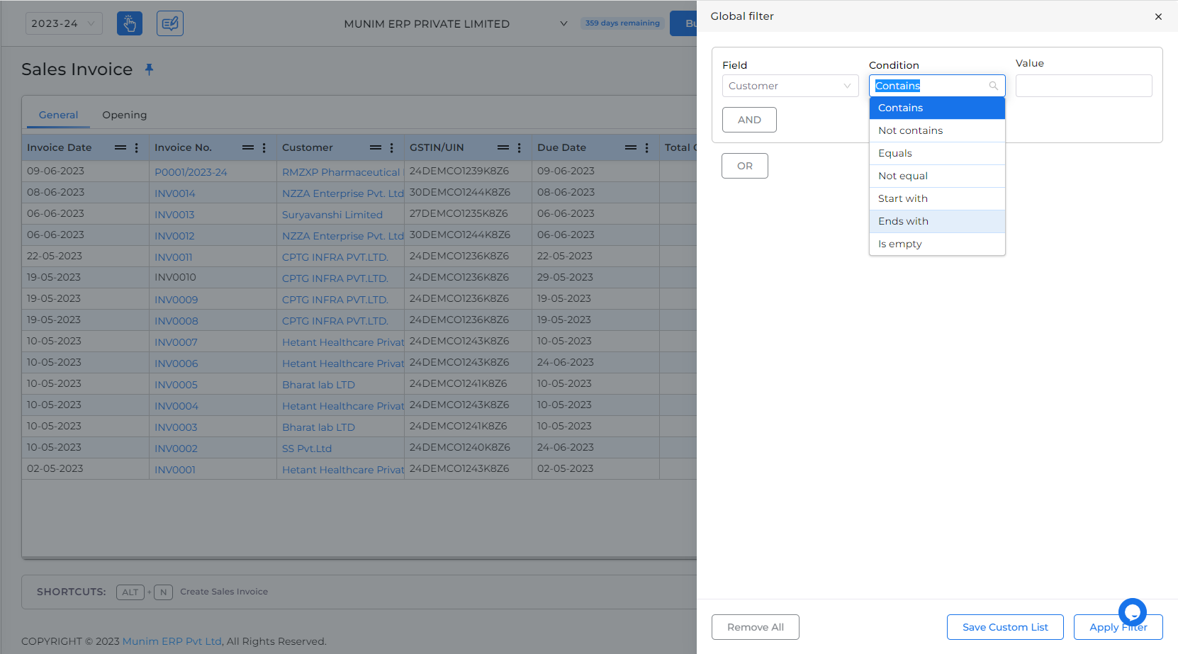 Global filter with condition select