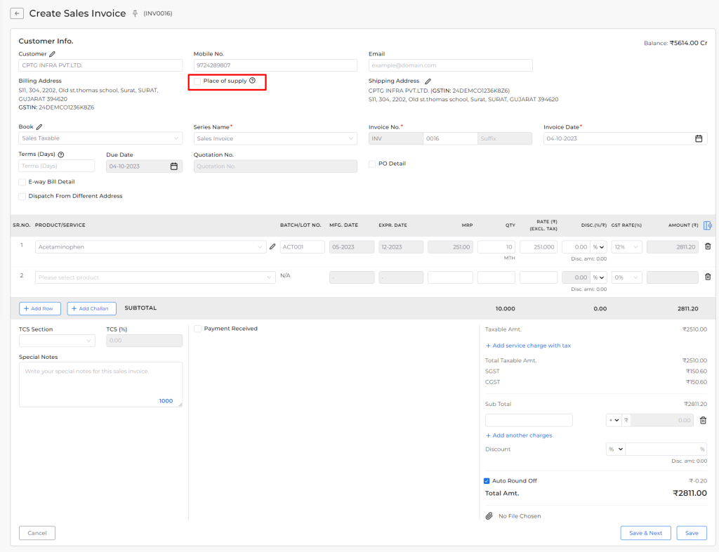 Create sales invoice without selecting a place of supply