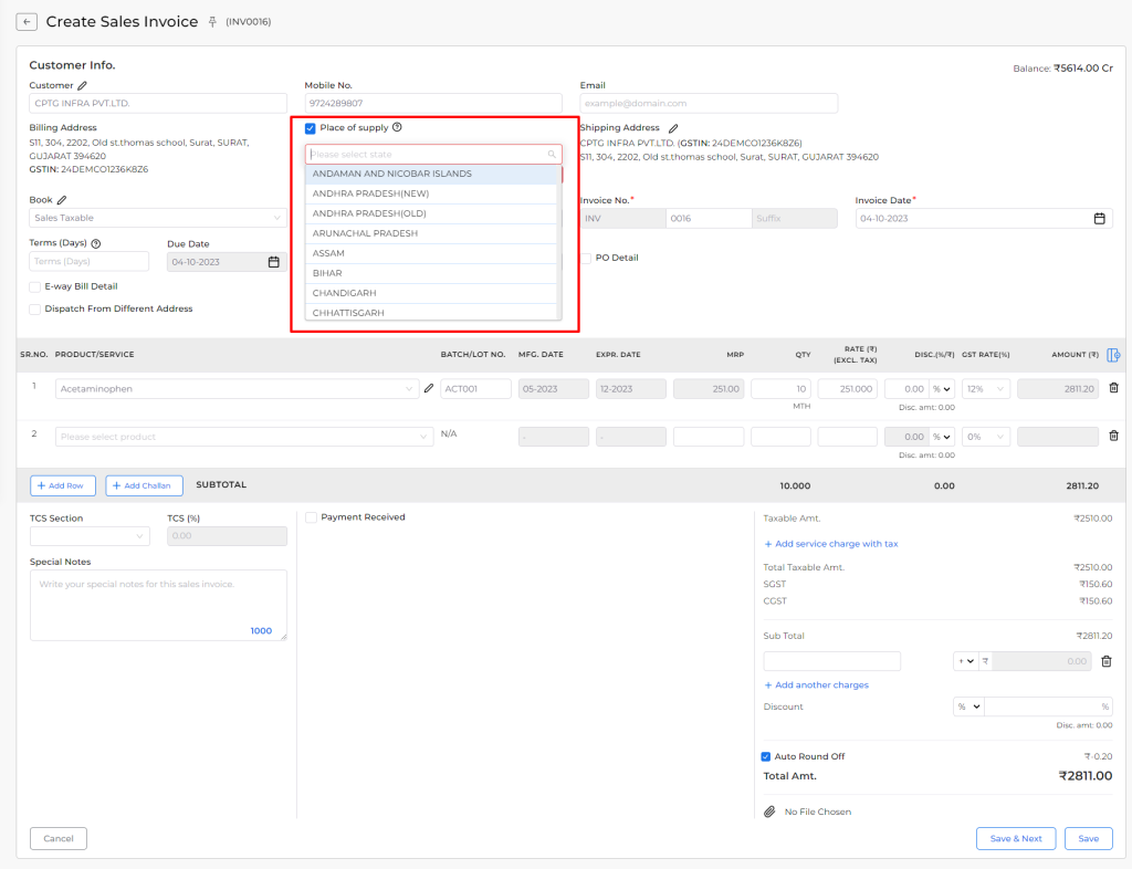 Create sales invoice select with place of supply