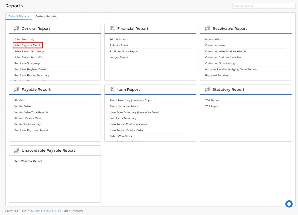 Sales register detail report