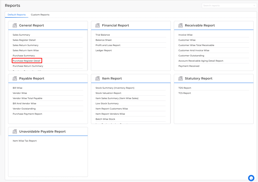 Purchase register detail report