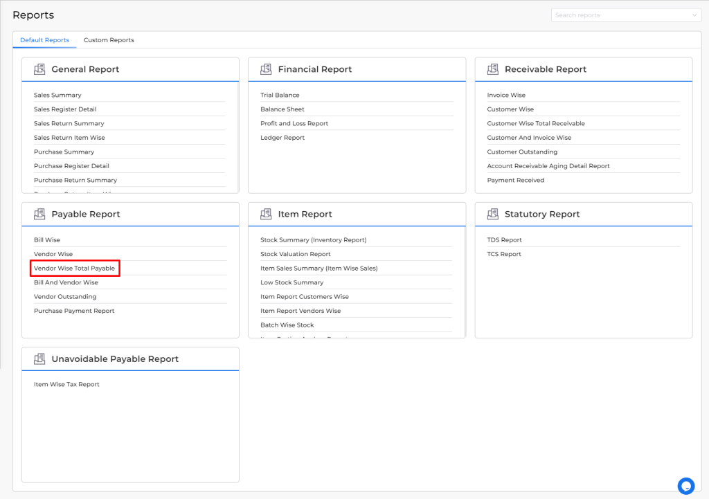 Vendor Wise total payable reports