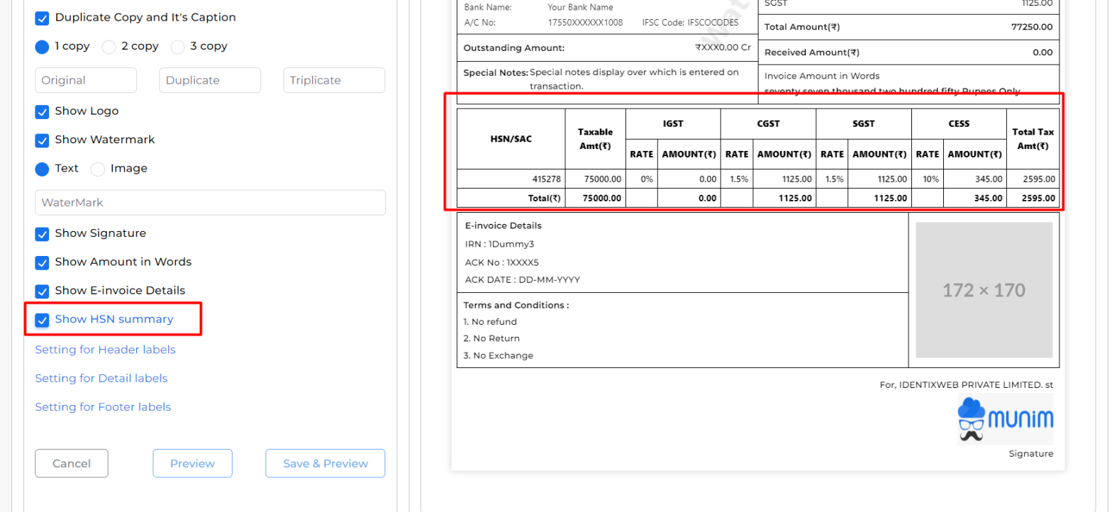 HSN Summary Table Toggle: Munim Invoice Print