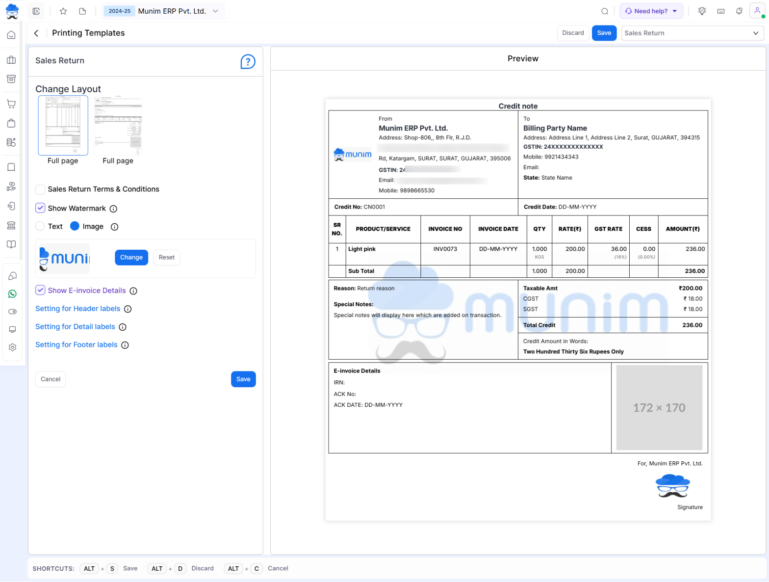 Sales Return Priniting Templates | Munim Helpdesk